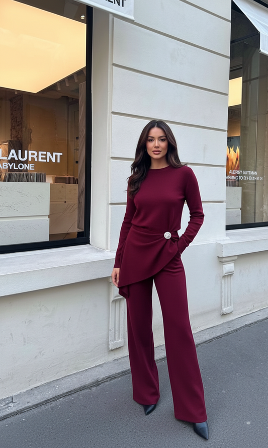 Burgundy Knit Set with Buckle Detail