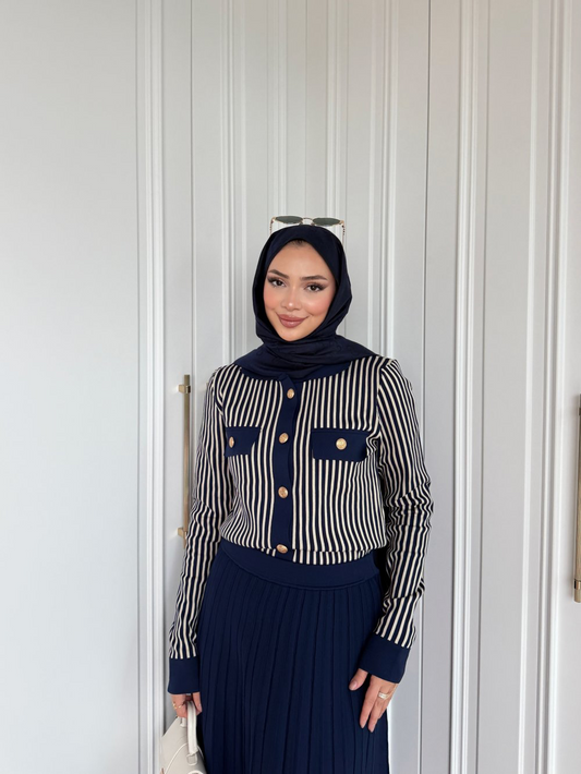 Premium Knit Pleated Skirt Set – Navy