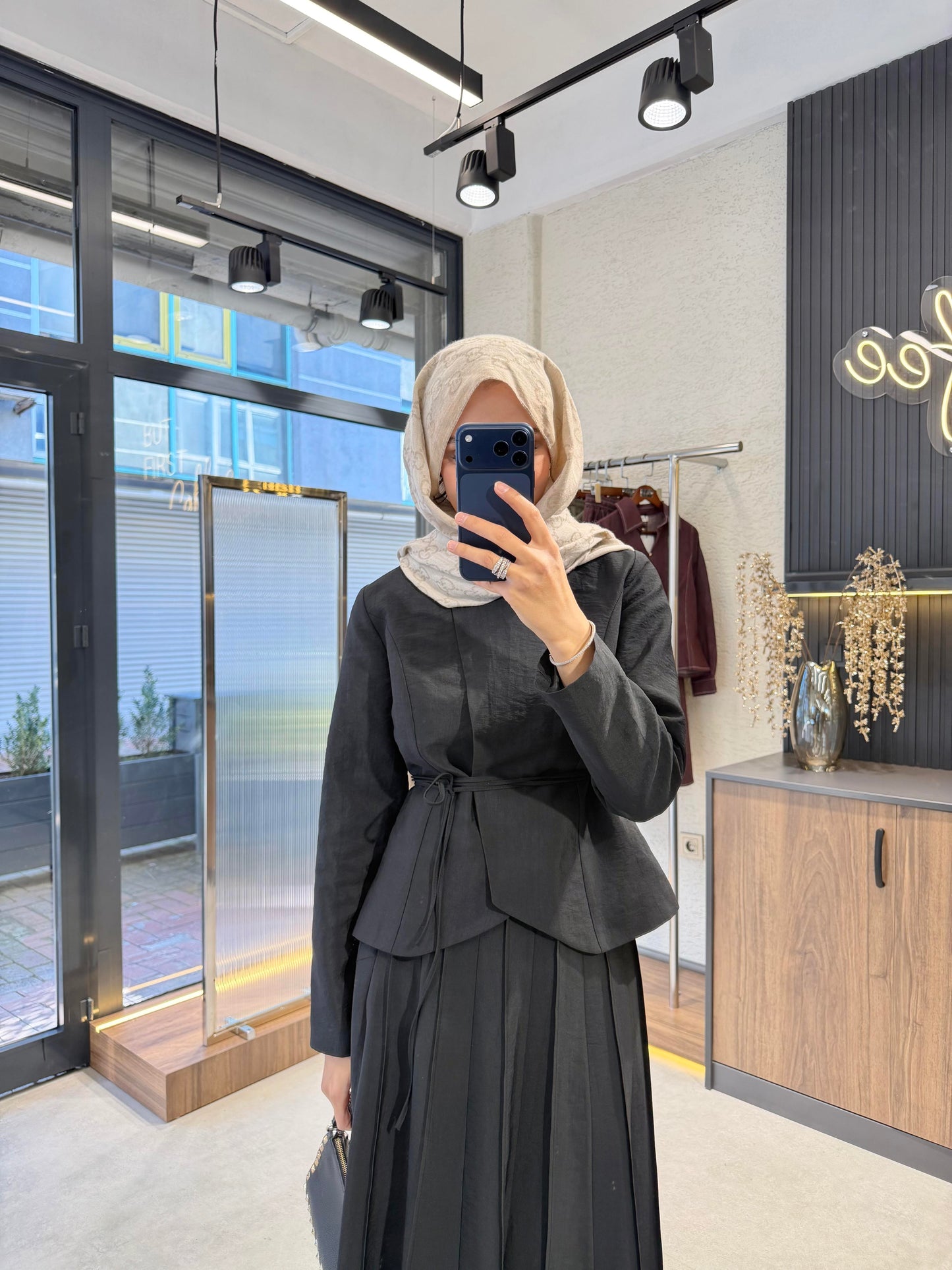 Pleated Skirt Set – Black | Cupro Fabric Two-Piece Set