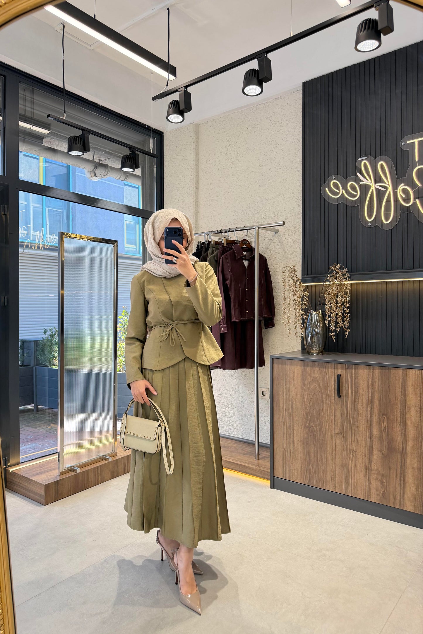 Pleated Skirt Set – Khaki | Cupro Fabric Two-Piece Set