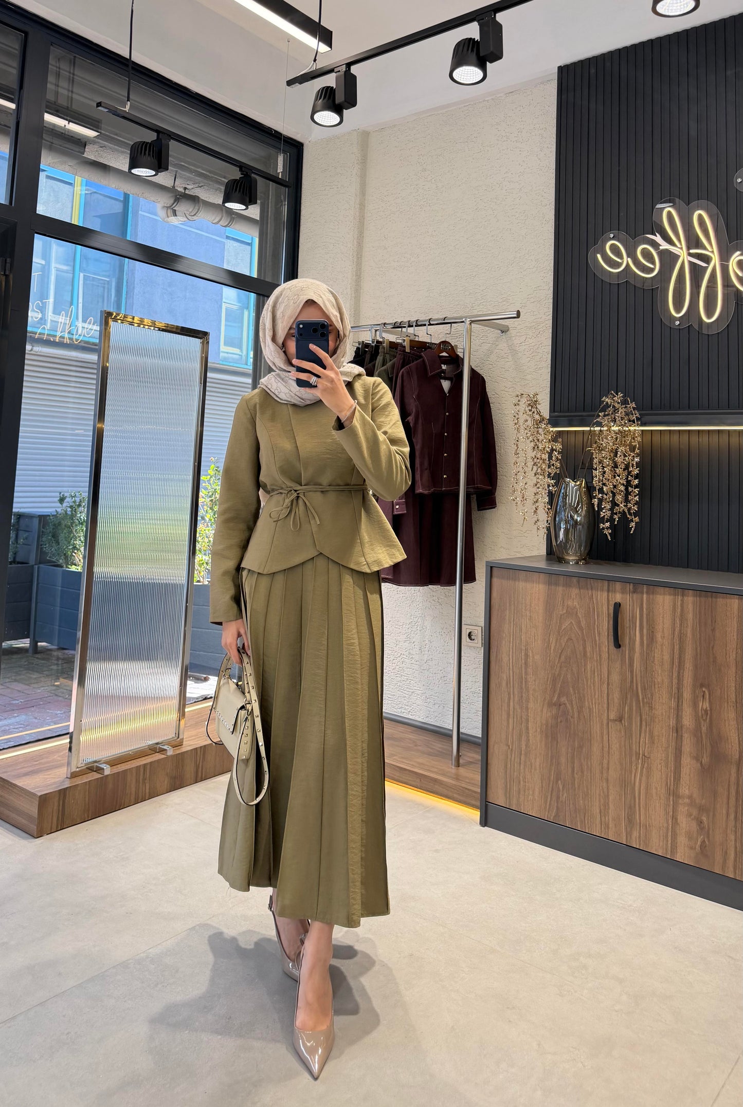 Pleated Skirt Set – Khaki | Cupro Fabric Two-Piece Set