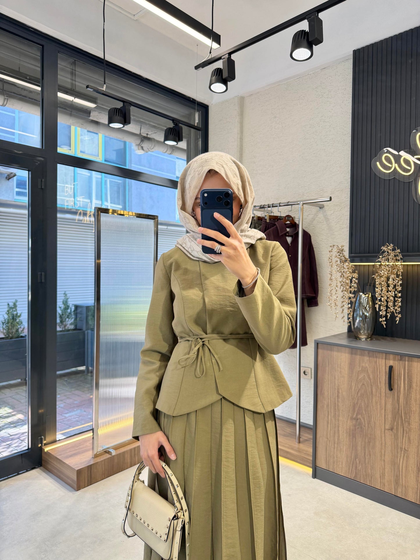 Pleated Skirt Set – Khaki | Cupro Fabric Two-Piece Set