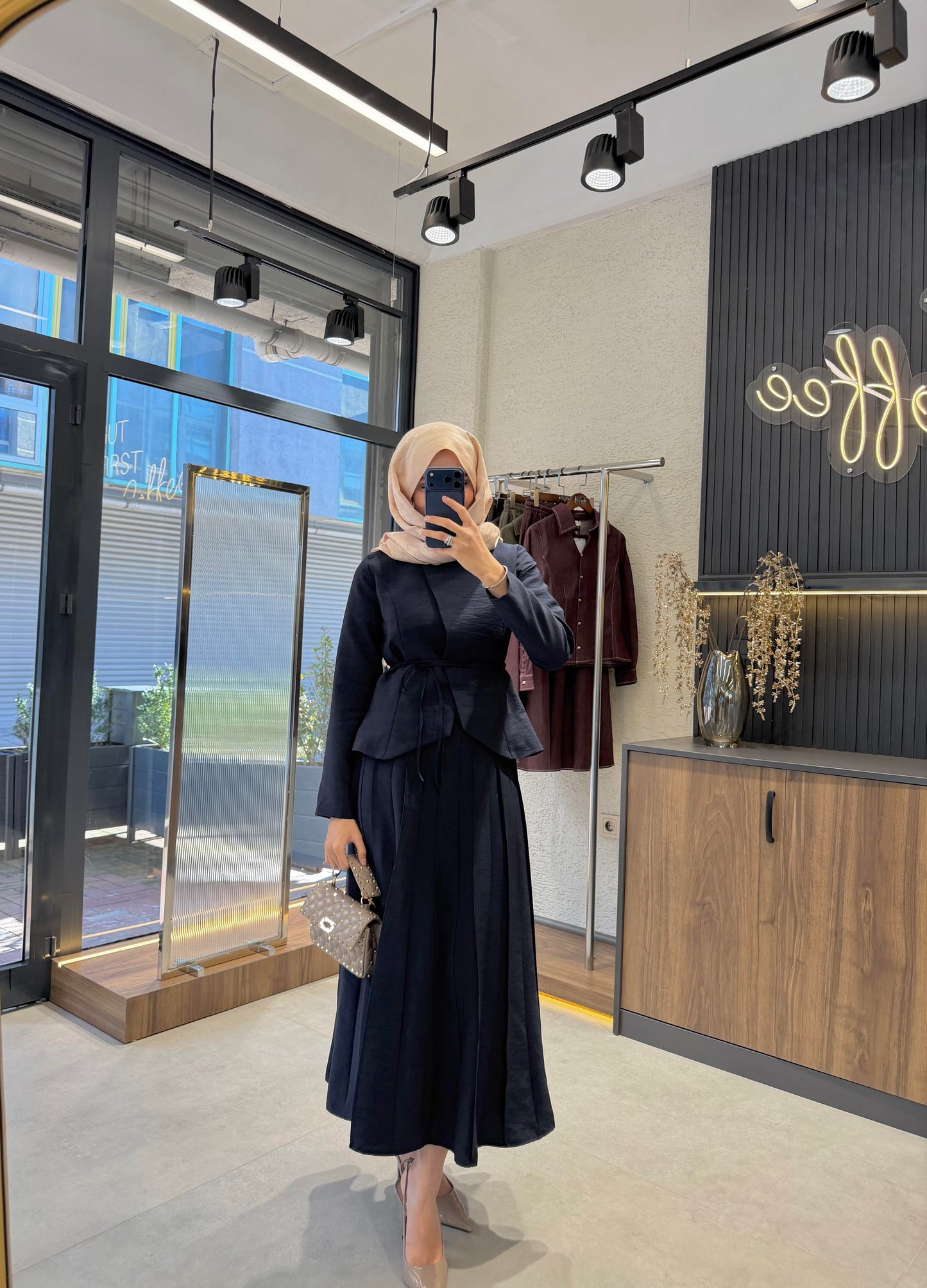 Pleated Skirt Set – Navy | Cupro Fabric Two-Piece Set