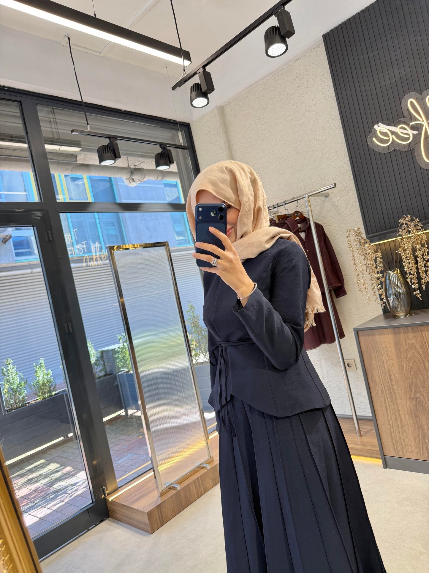 Pleated Skirt Set – Navy | Cupro Fabric Two-Piece Set