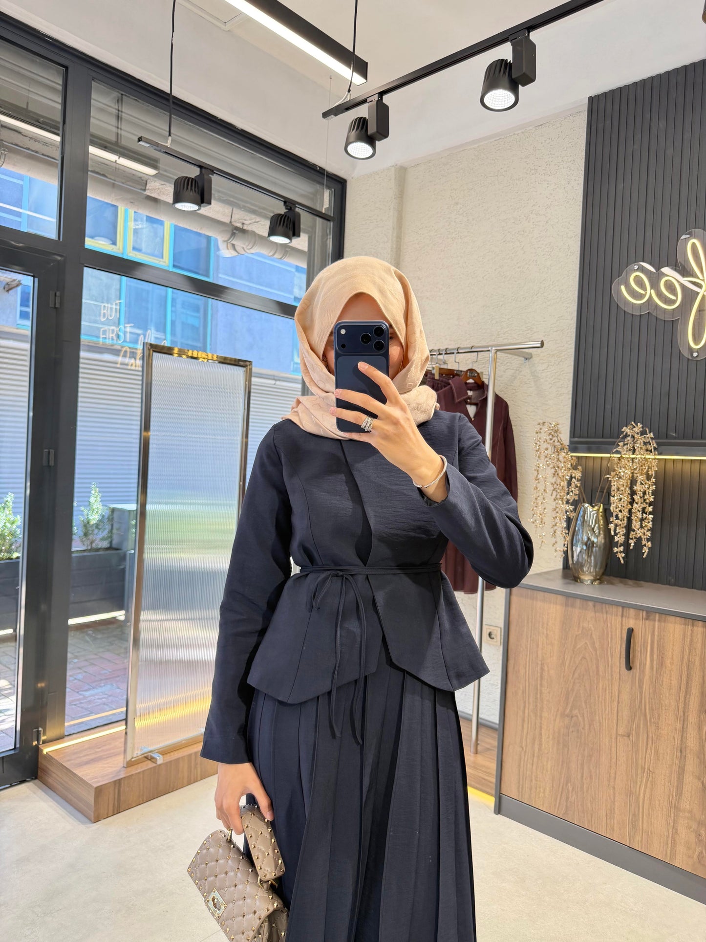 Pleated Skirt Set – Navy | Cupro Fabric Two-Piece Set