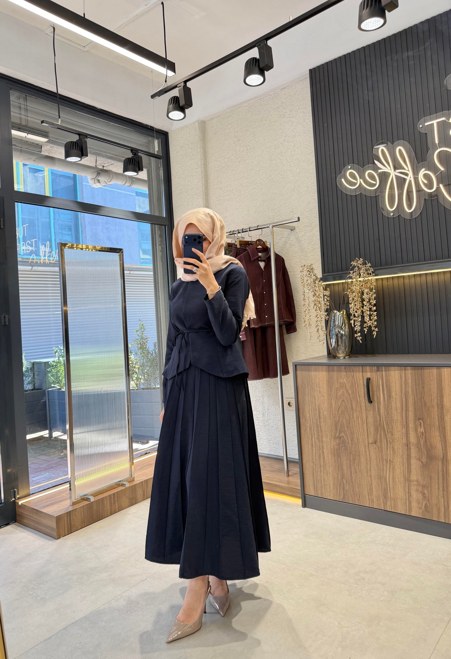 Pleated Skirt Set – Navy | Cupro Fabric Two-Piece Set