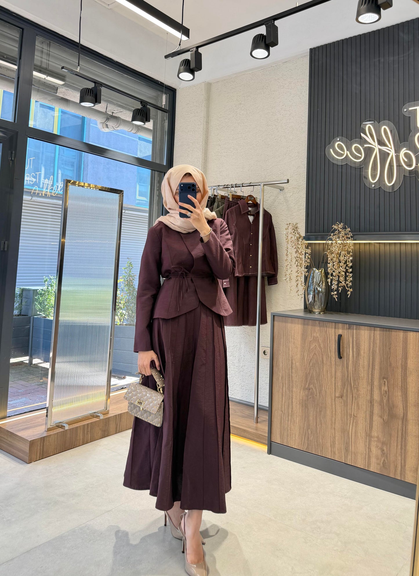 Pleated Skirt Set – Burgundy| Cupro Fabric Two-Piece Set