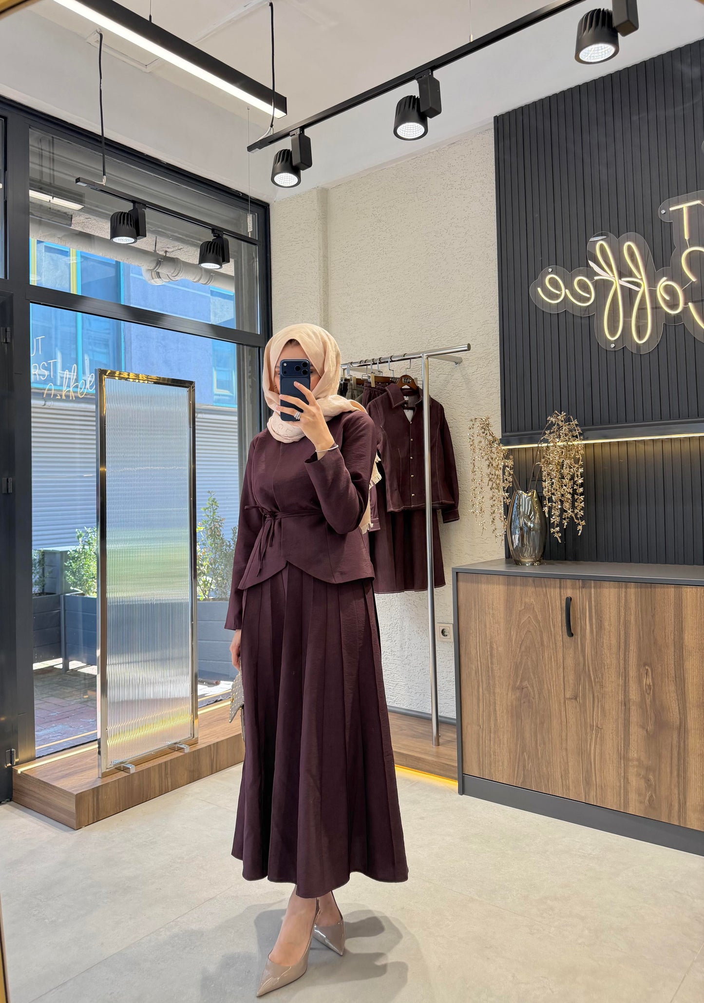 Pleated Skirt Set – Burgundy| Cupro Fabric Two-Piece Set