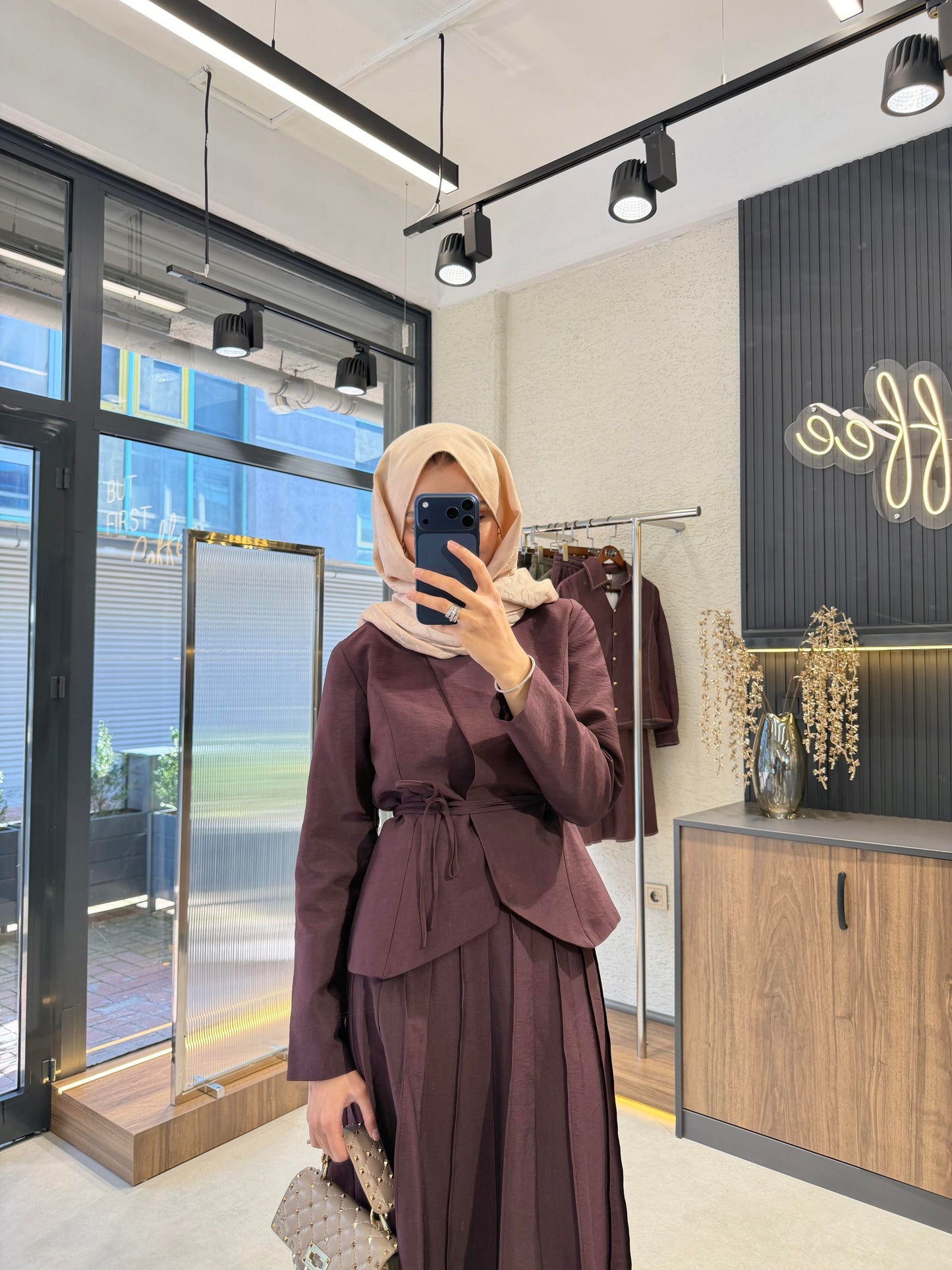 Pleated Skirt Set – Burgundy| Cupro Fabric Two-Piece Set