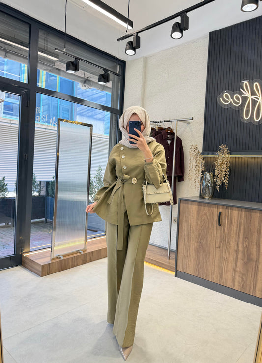 Luxury Gold Button Cupro Two-Piece Set- Khaki
