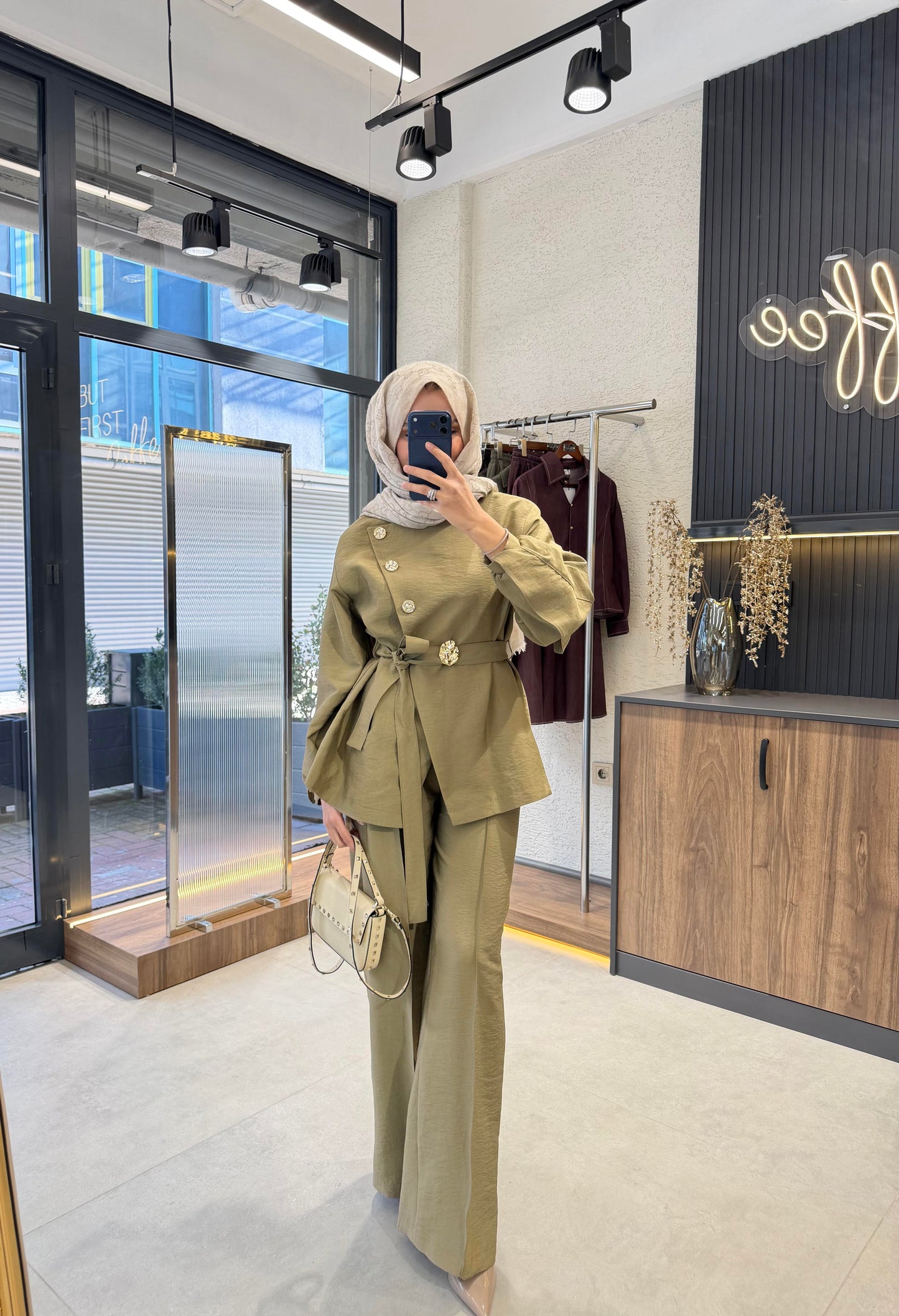 Luxury Gold Button Cupro Two-Piece Set- Khaki