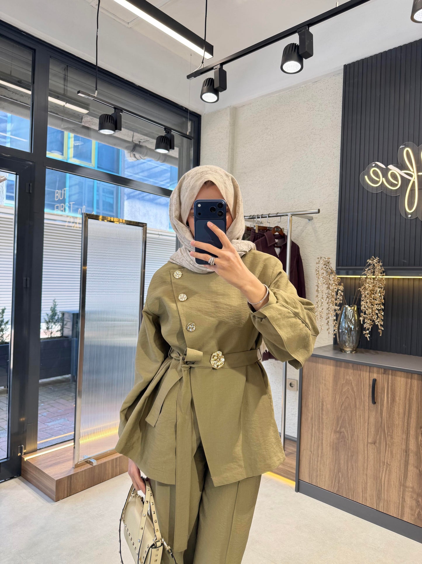 Luxury Gold Button Cupro Two-Piece Set- Khaki