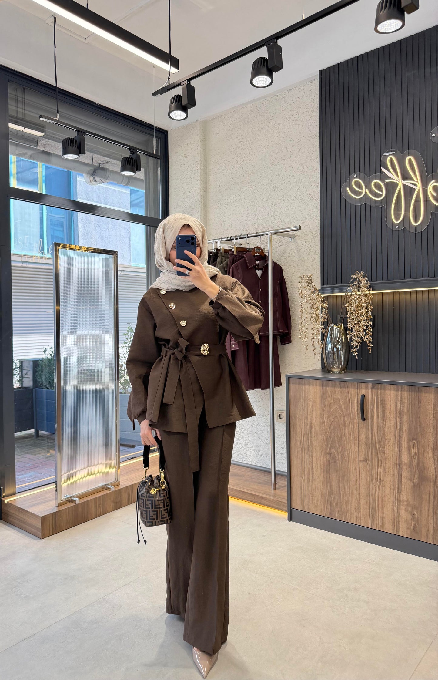 Luxury Gold Button Cupro Two-Piece Set- Brown