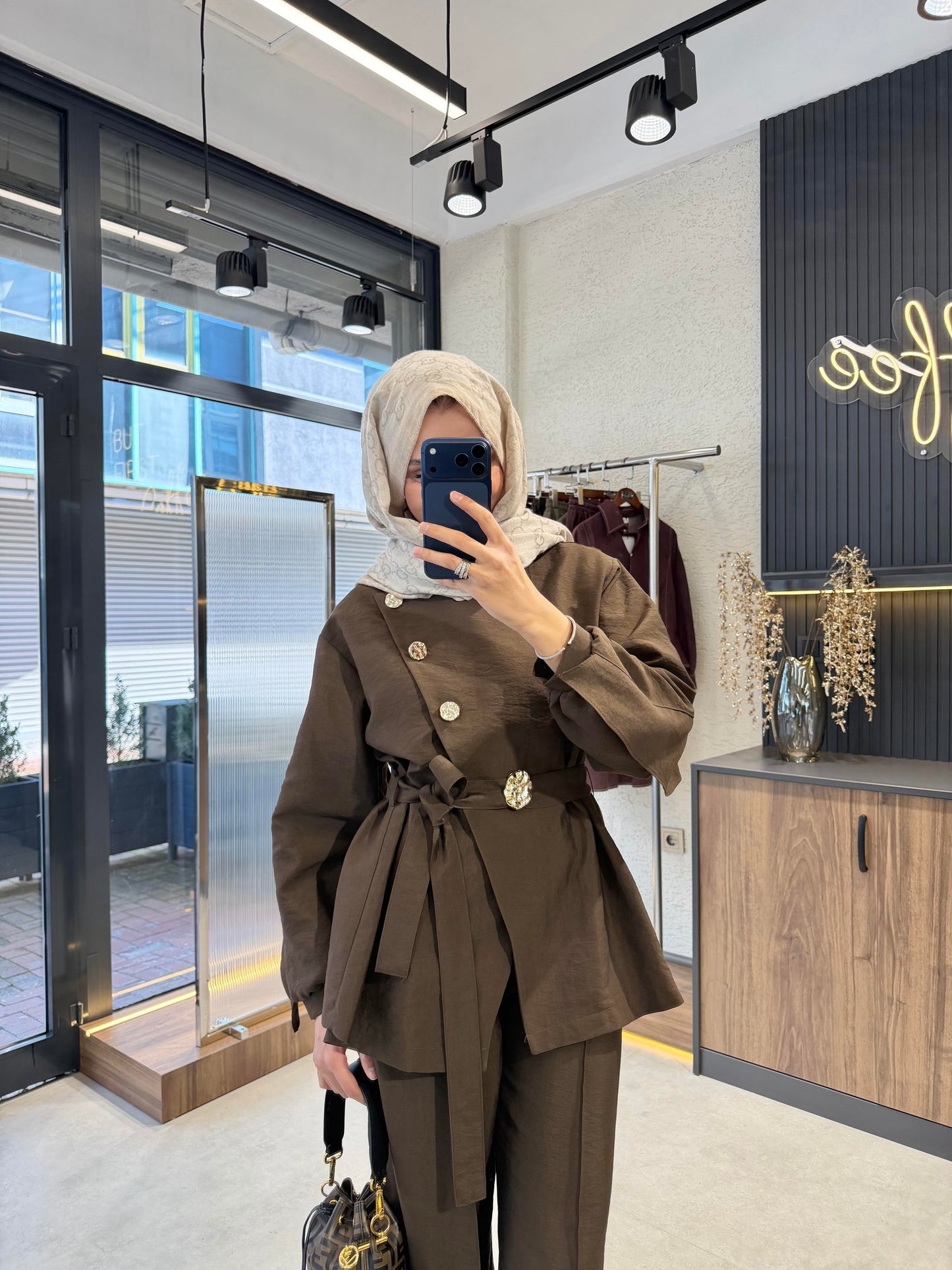 Luxury Gold Button Cupro Two-Piece Set- Brown