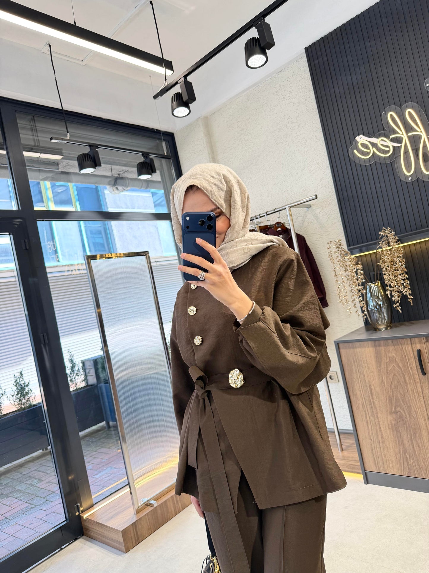 Luxury Gold Button Cupro Two-Piece Set- Brown