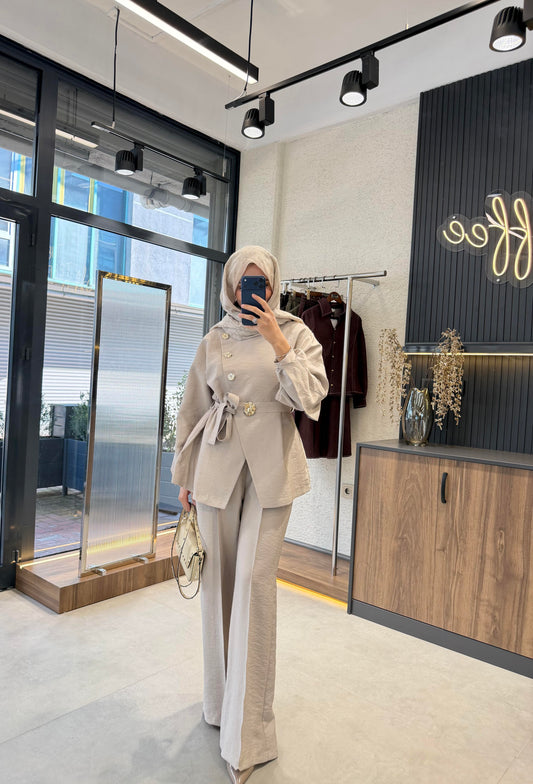 Luxury Gold Button Cupro Two-Piece Set- Beige