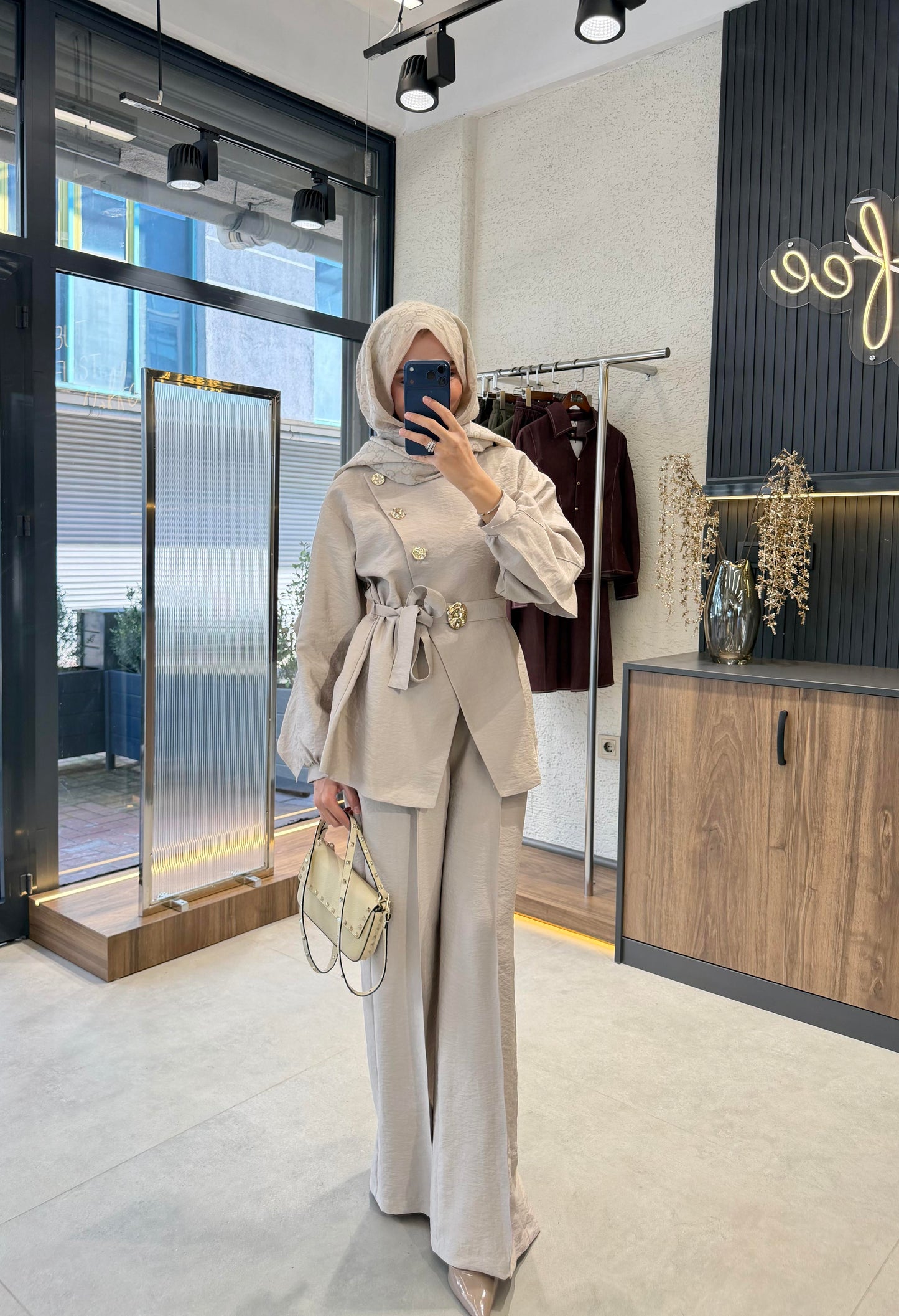 Luxury Gold Button Cupro Two-Piece Set- Beige