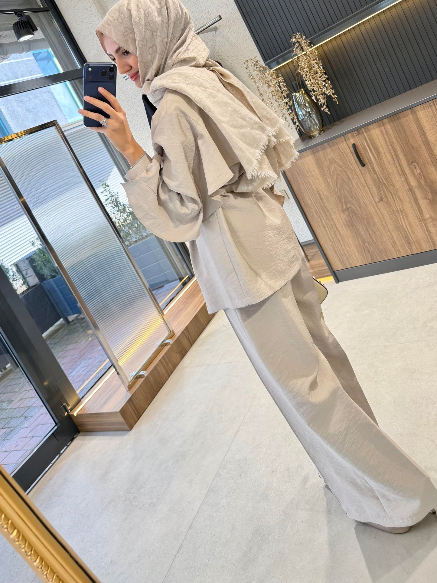 Luxury Gold Button Cupro Two-Piece Set- Beige