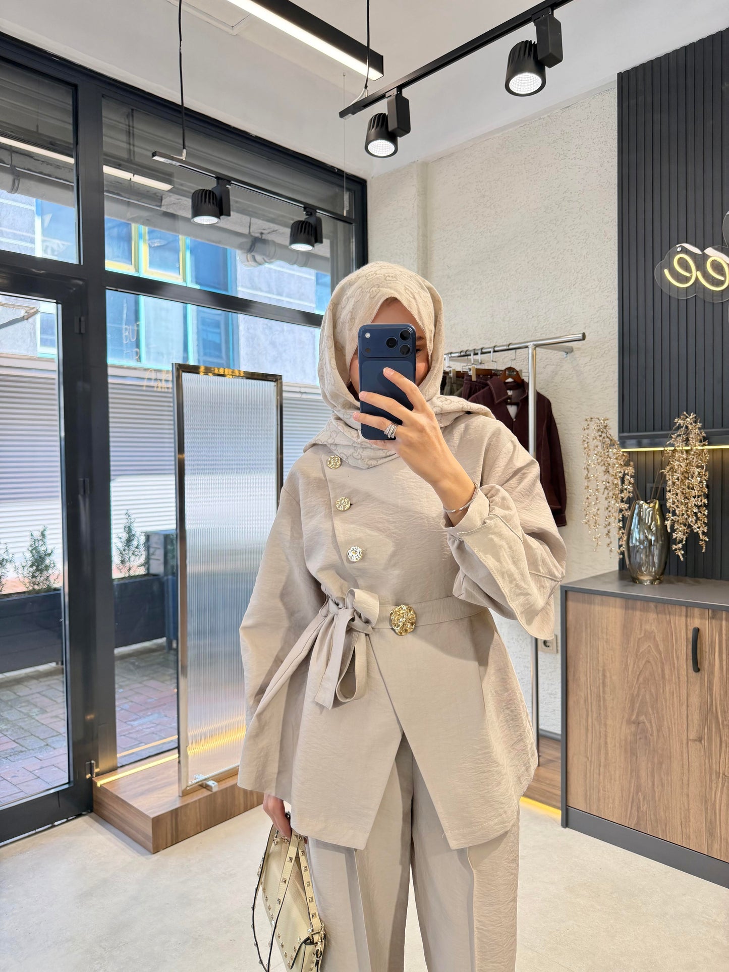 Luxury Gold Button Cupro Two-Piece Set- Beige