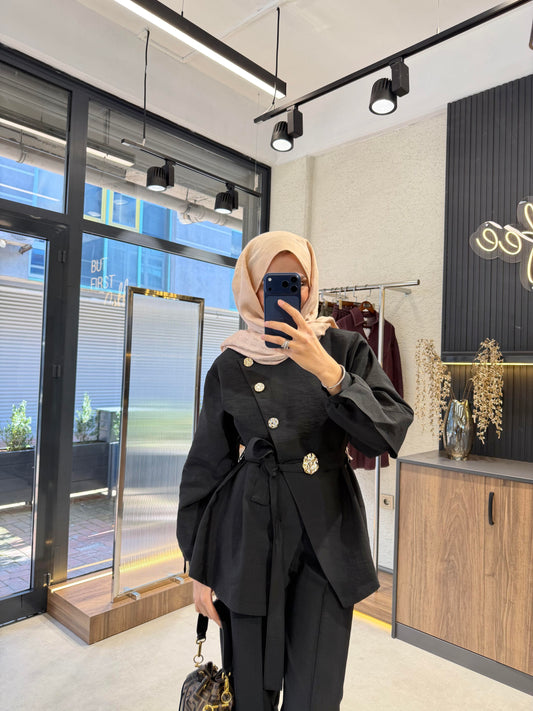 Luxury Gold Button Cupro Two-Piece Set- Black