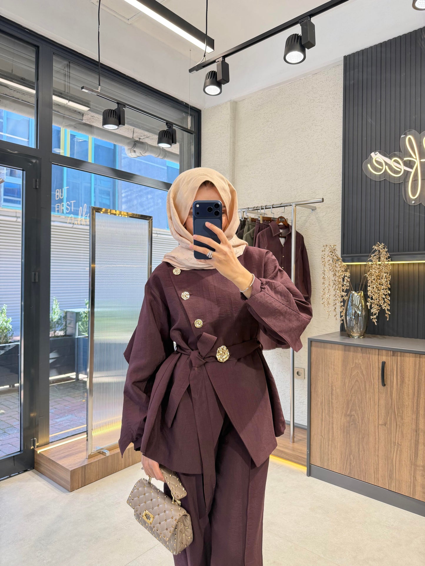 Luxury Gold Button Cupra Two-Piece Set- Burgundy