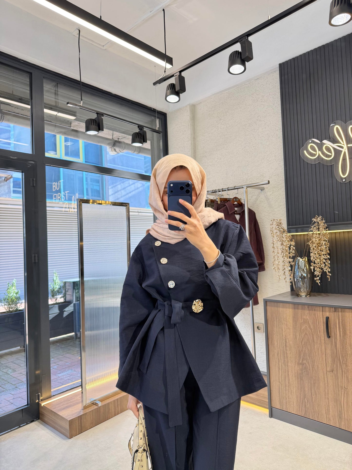 Luxury Gold Button Cupra Two-Piece Set- Navy Blue