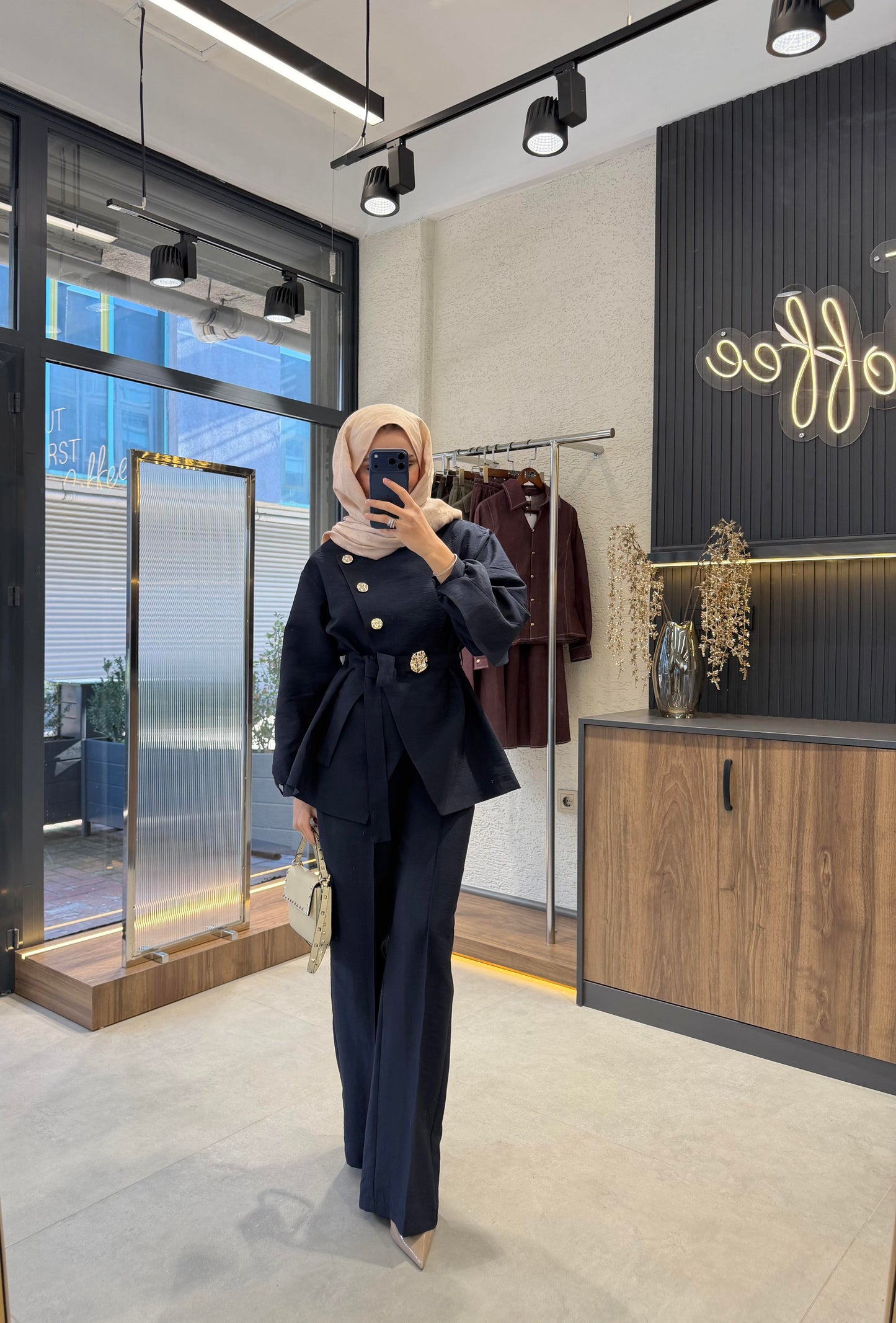 Luxury Gold Button Cupra Two-Piece Set- Navy Blue