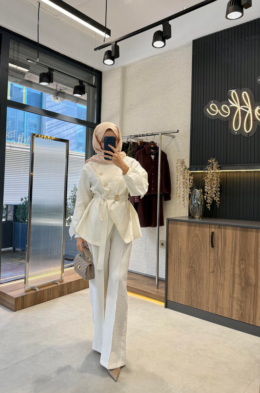 Luxury Gold Button Cupra Two-Piece Set- Ecrou