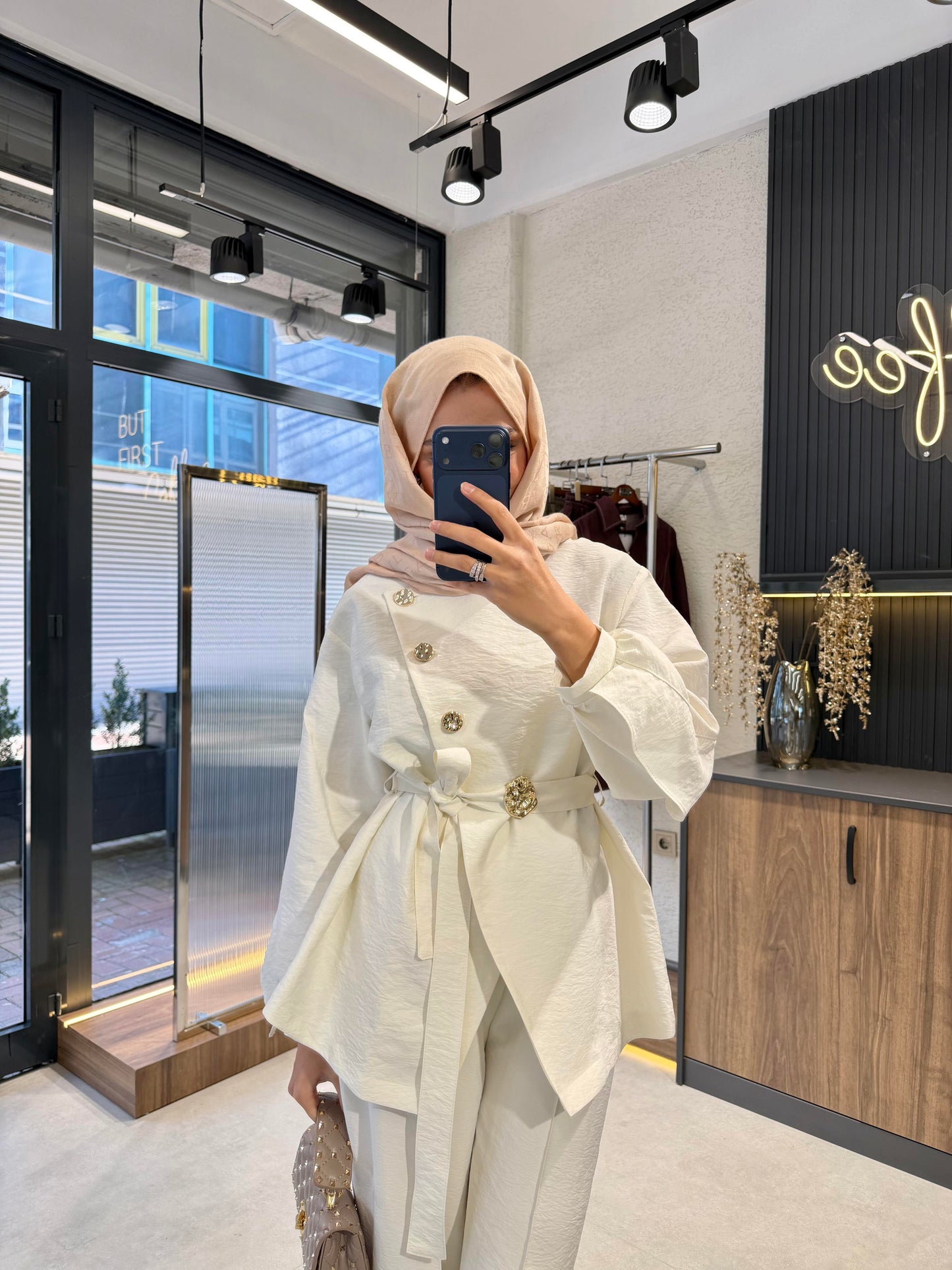 Luxury Gold Button Cupra Two-Piece Set- Ecrou