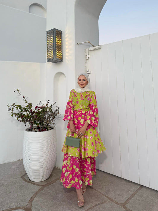 Layered Ruffle Dress with Vintage Floral Print in Lime Green