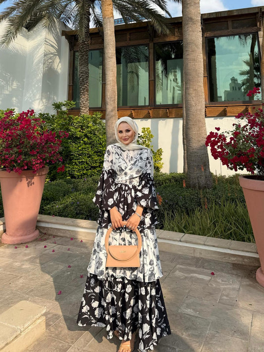 Layered Ruffle Dress with Vintage Floral Print in Black