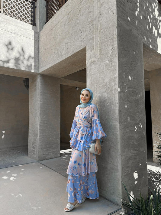 Layered Ruffle Dress with Vintage Floral Print in Baby Blue