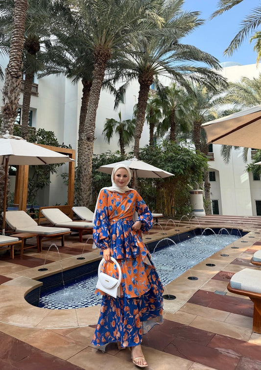 Layered Ruffle Dress with Vintage Floral Print in Orange