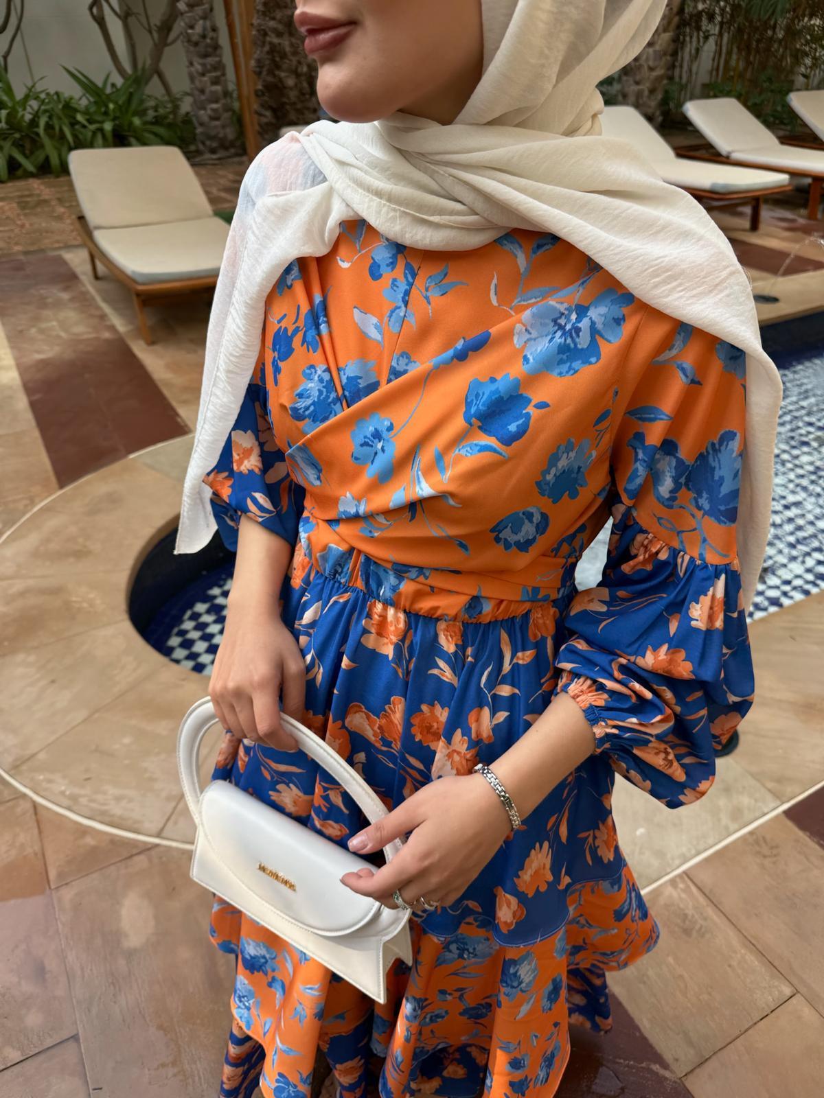 Layered Ruffle Dress with Vintage Floral Print in Orange