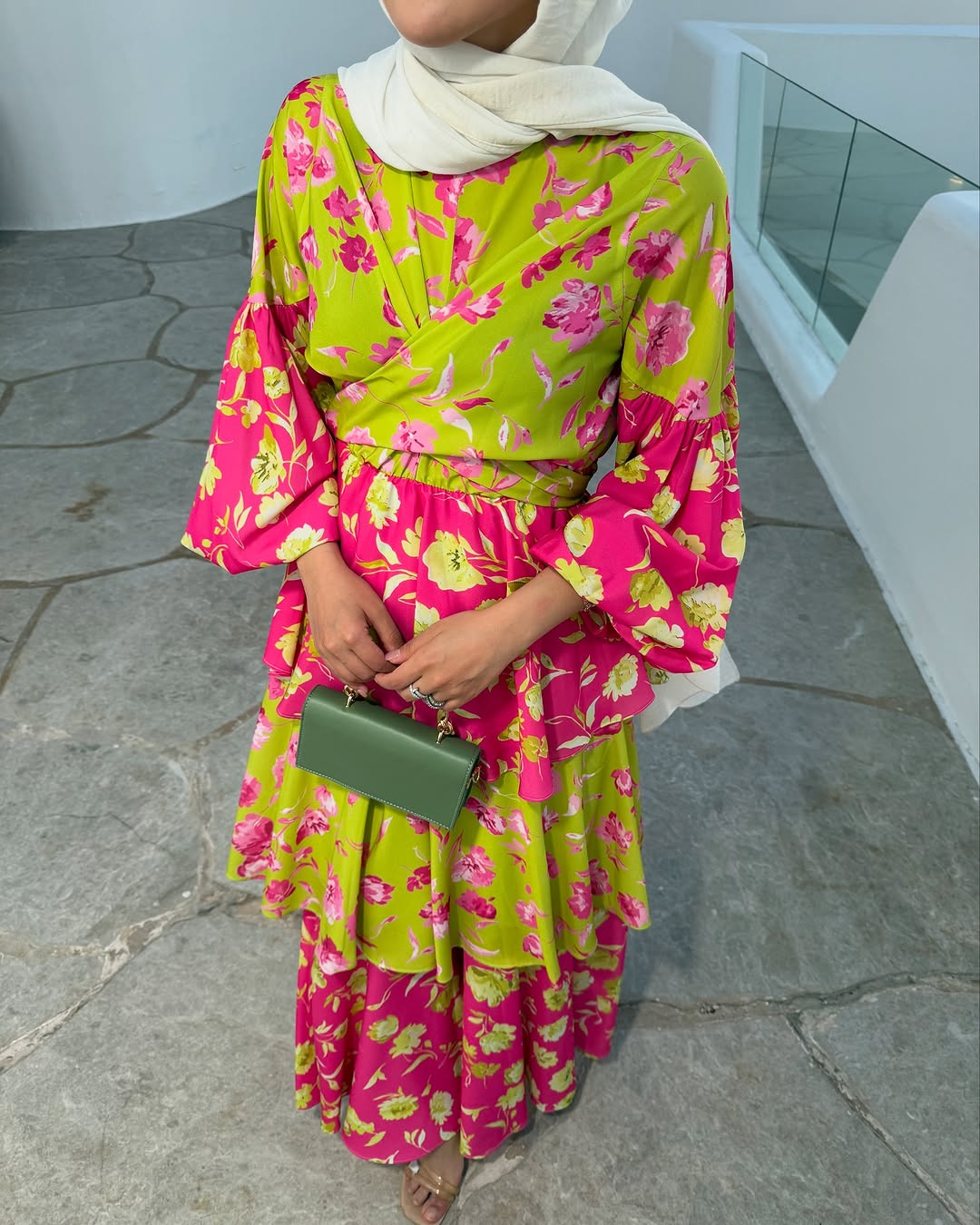 Layered Ruffle Dress with Vintage Floral Print in Lime Green