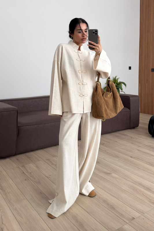 Linen Mandarin Jacket Set with Front Embroidery Tie