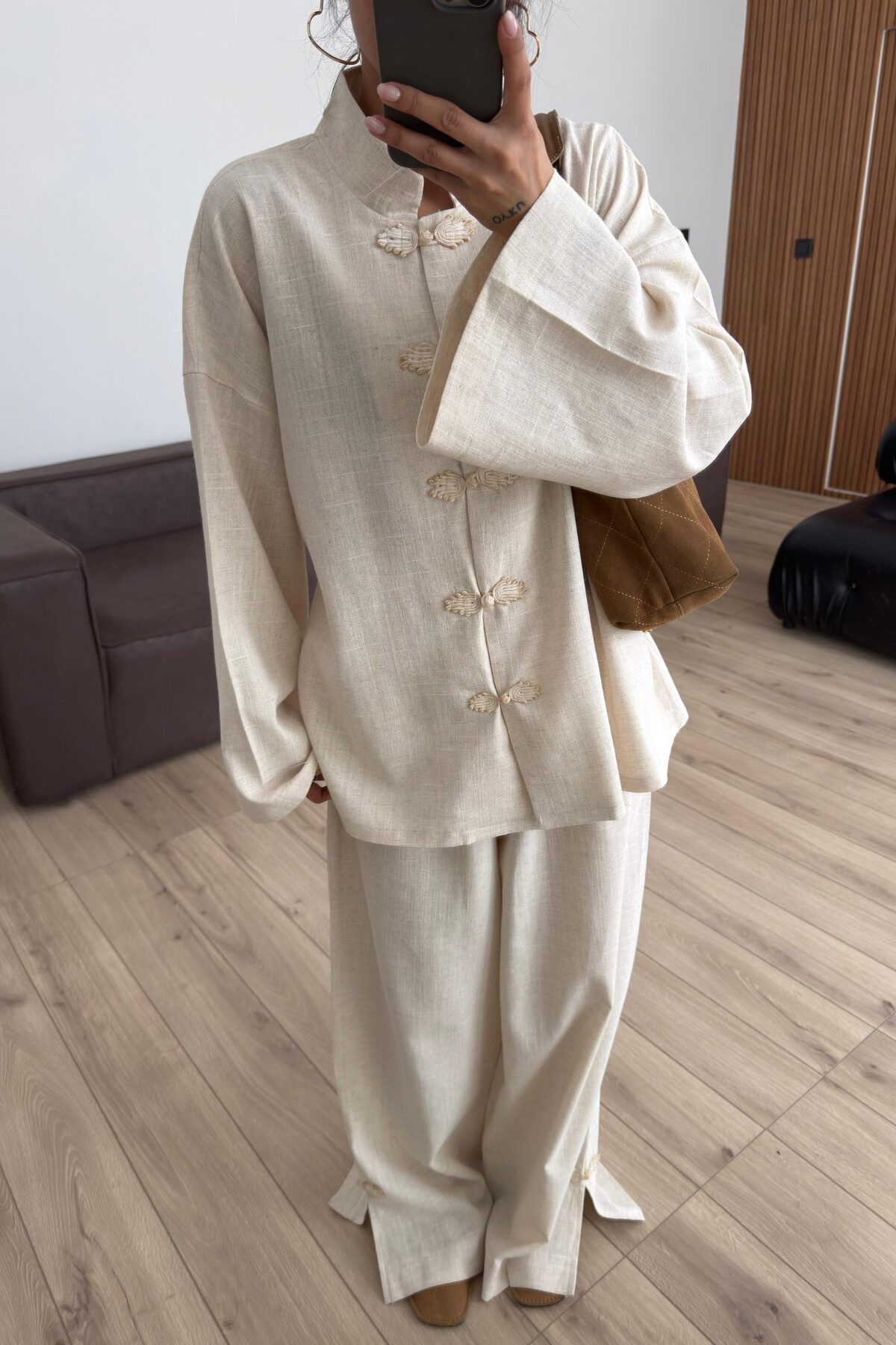 Linen Mandarin Jacket Set with Front Embroidery Tie