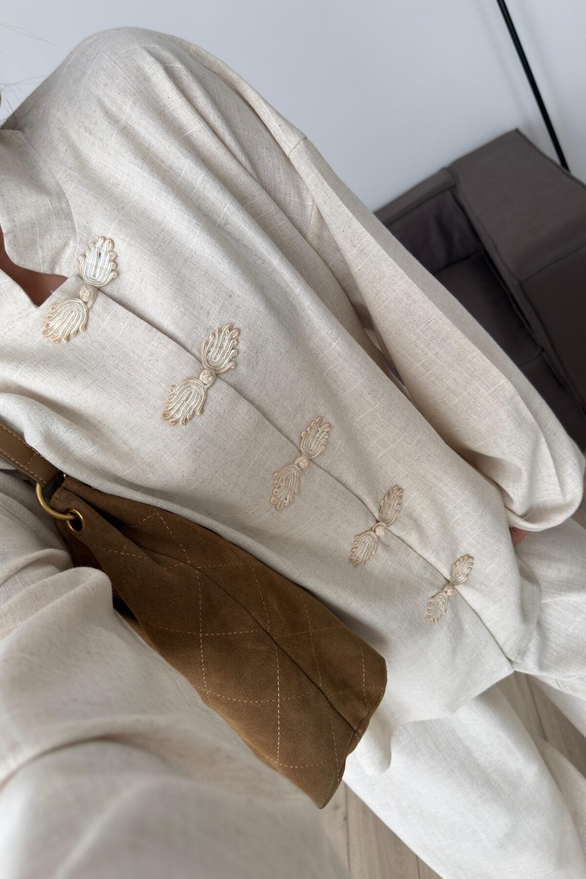 Linen Mandarin Jacket Set with Front Embroidery Tie