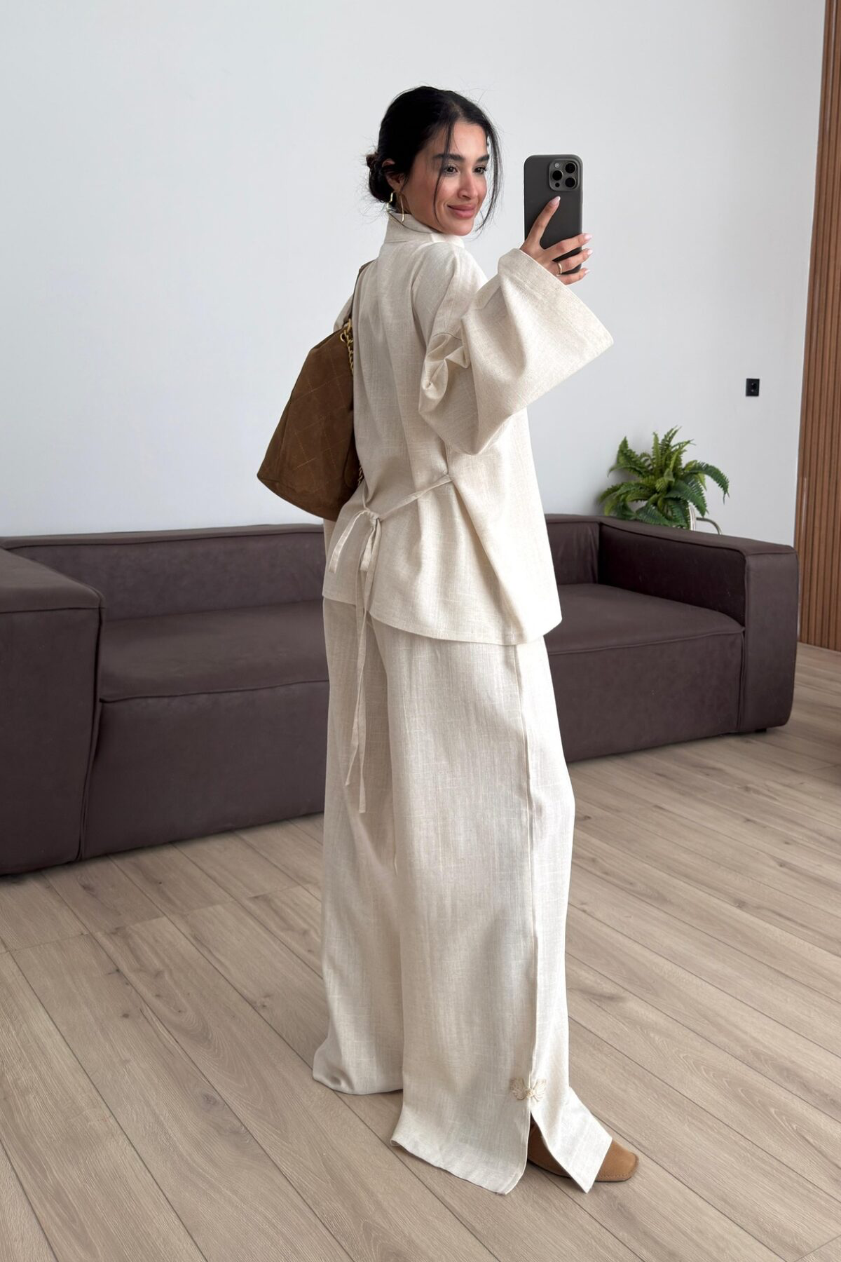 Linen Mandarin Jacket Set with Front Embroidery Tie