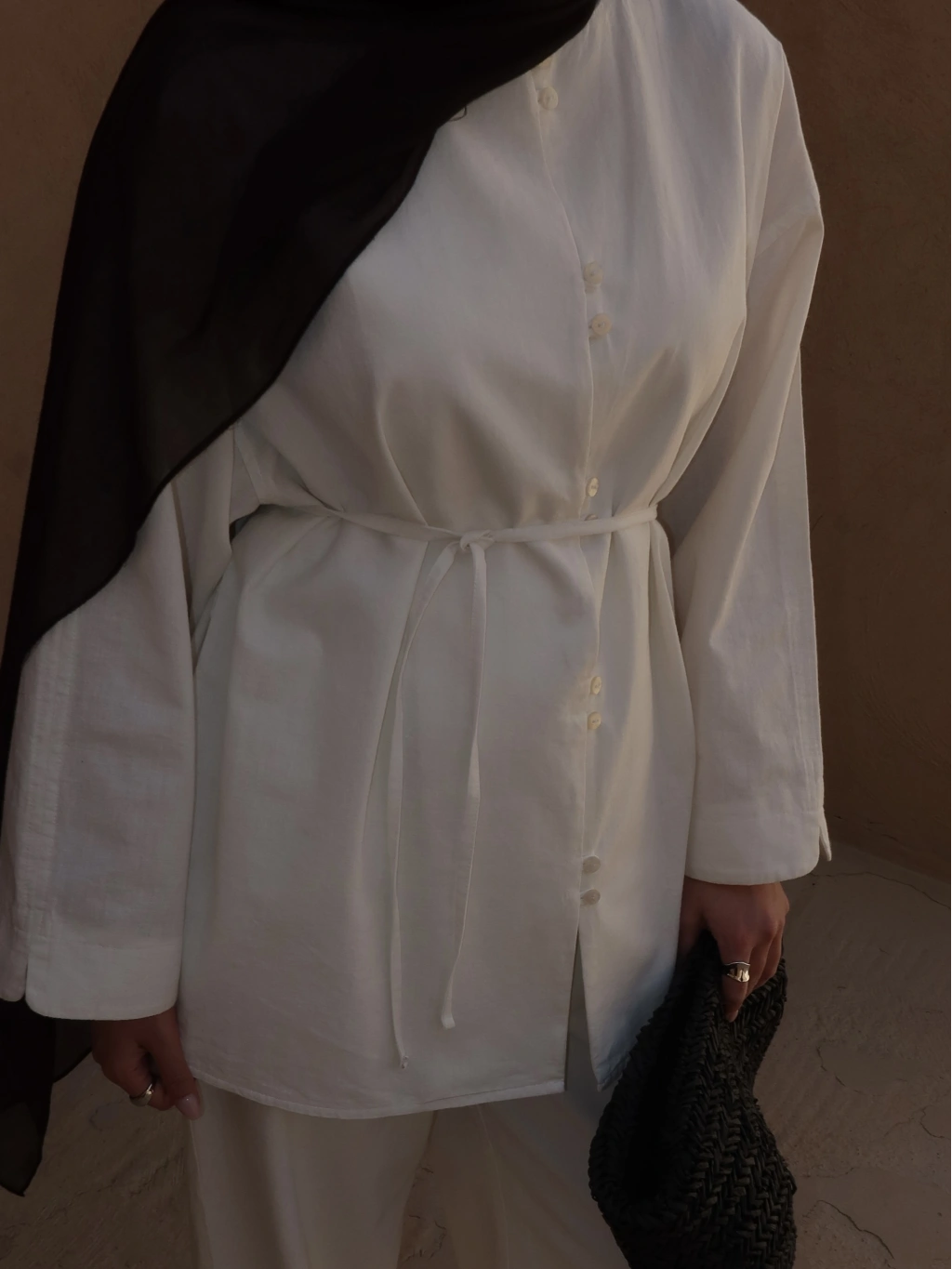 White Button Detail Linen Set – Adjustable Waist