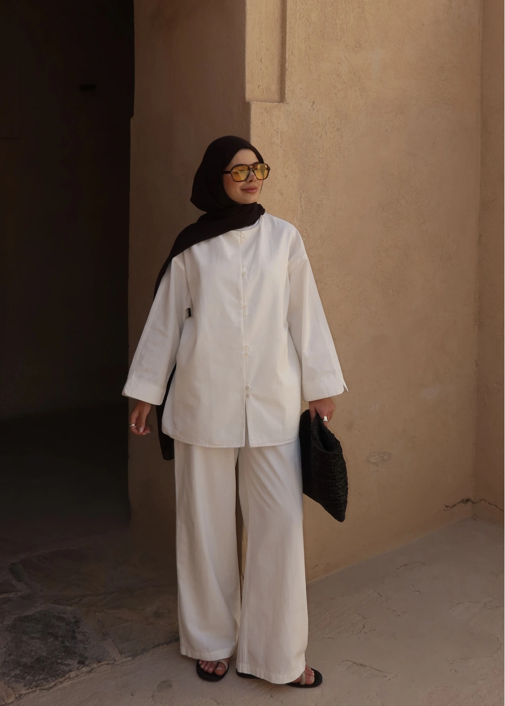 White Button Detail Linen Set – Adjustable Waist