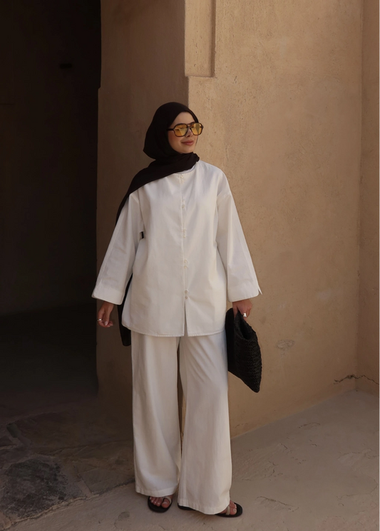 White Button Detail Linen Set – Adjustable Waist