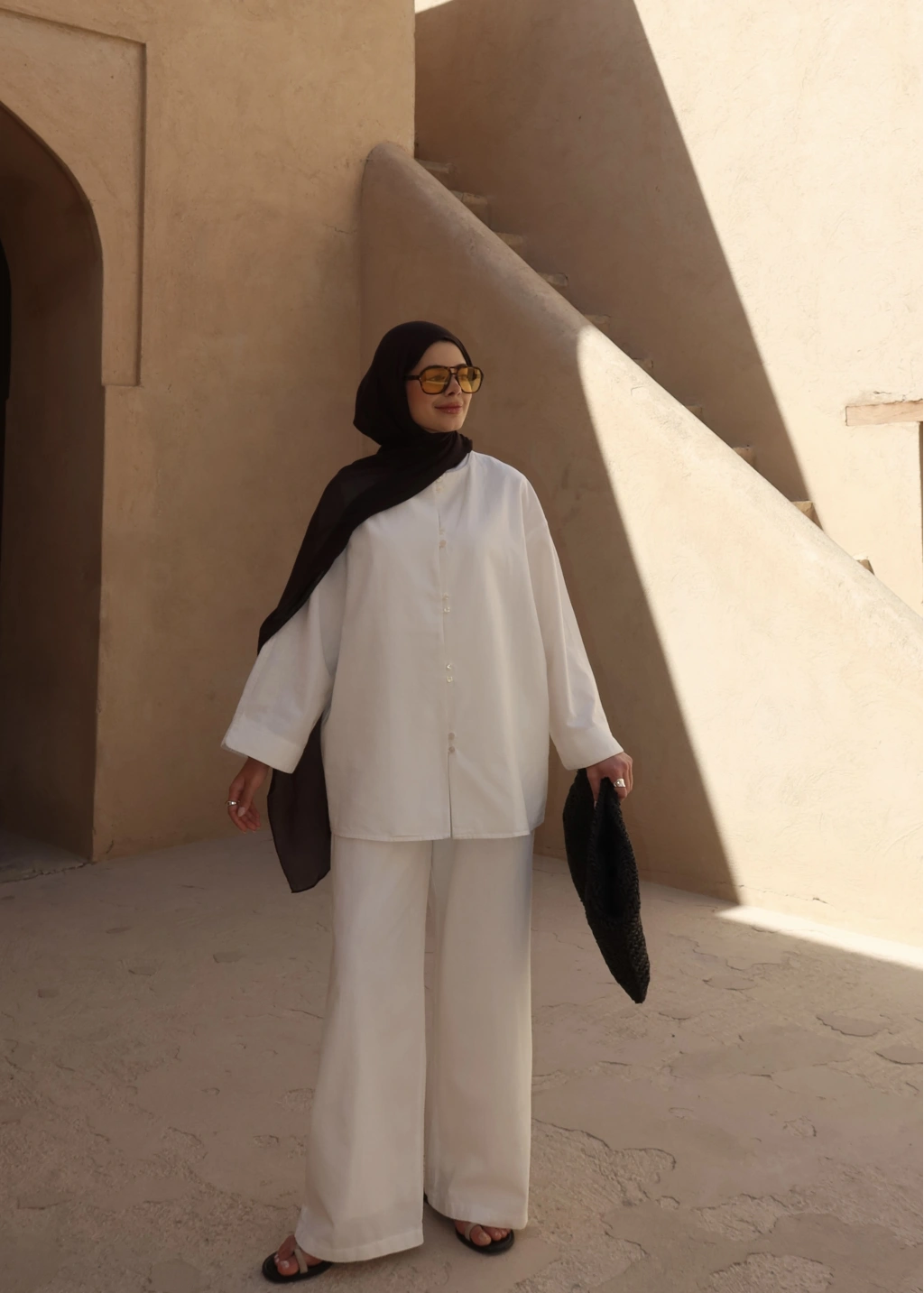 White Button Detail Linen Set – Adjustable Waist