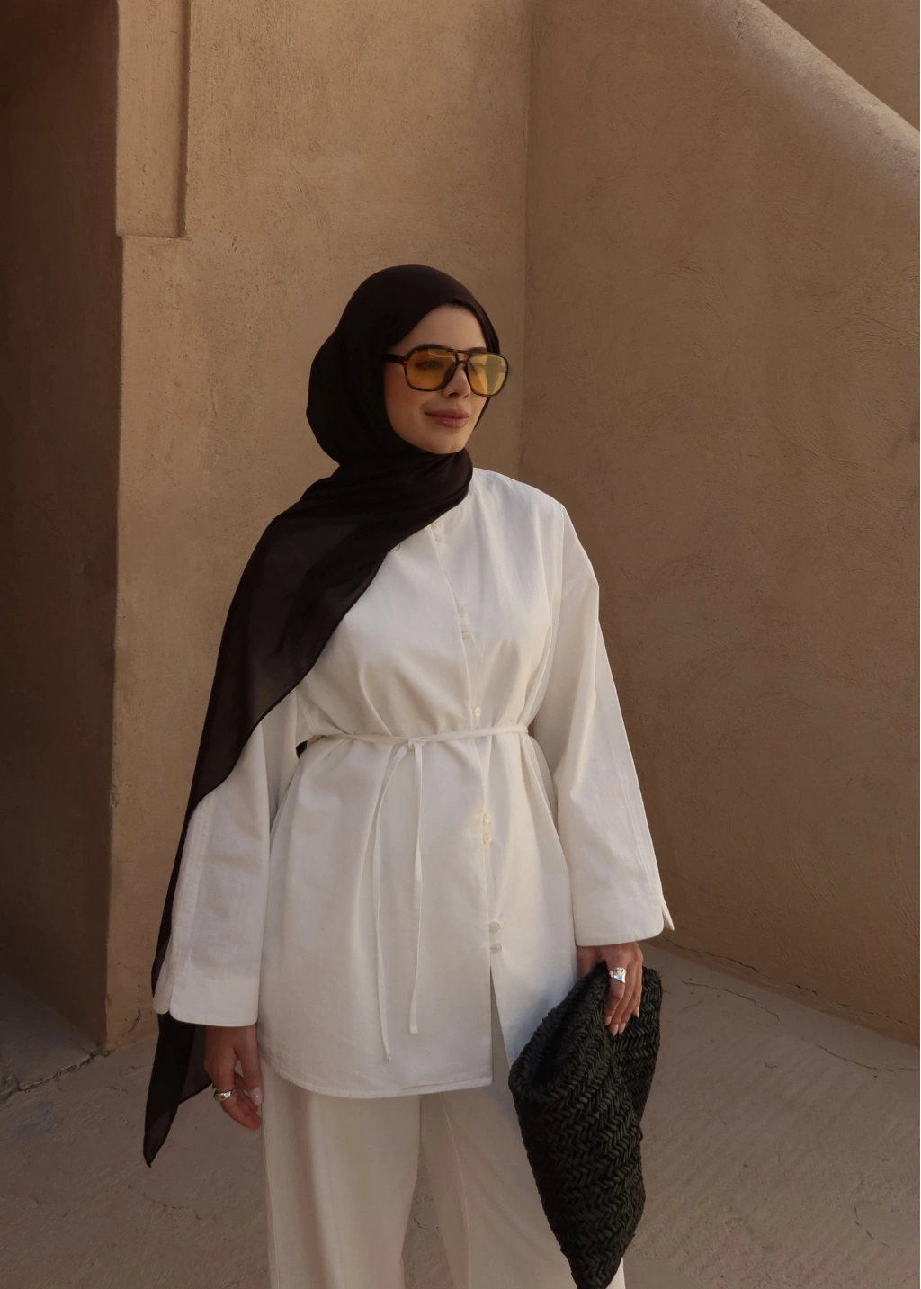 White Button Detail Linen Set – Adjustable Waist