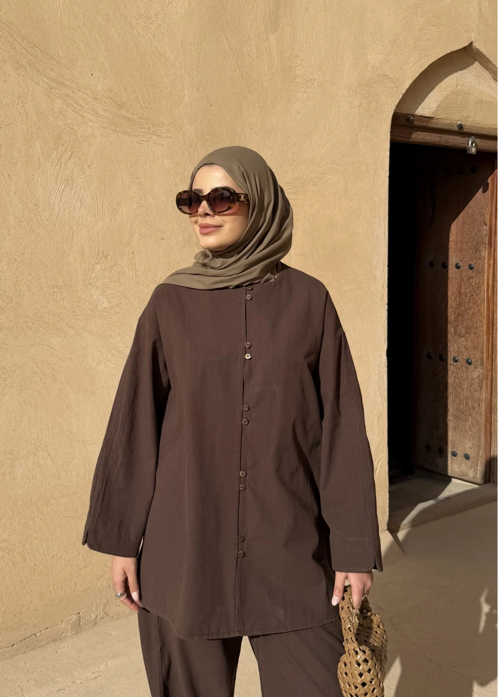 Mocha Button Detail Linen Set – Adjustable Waist