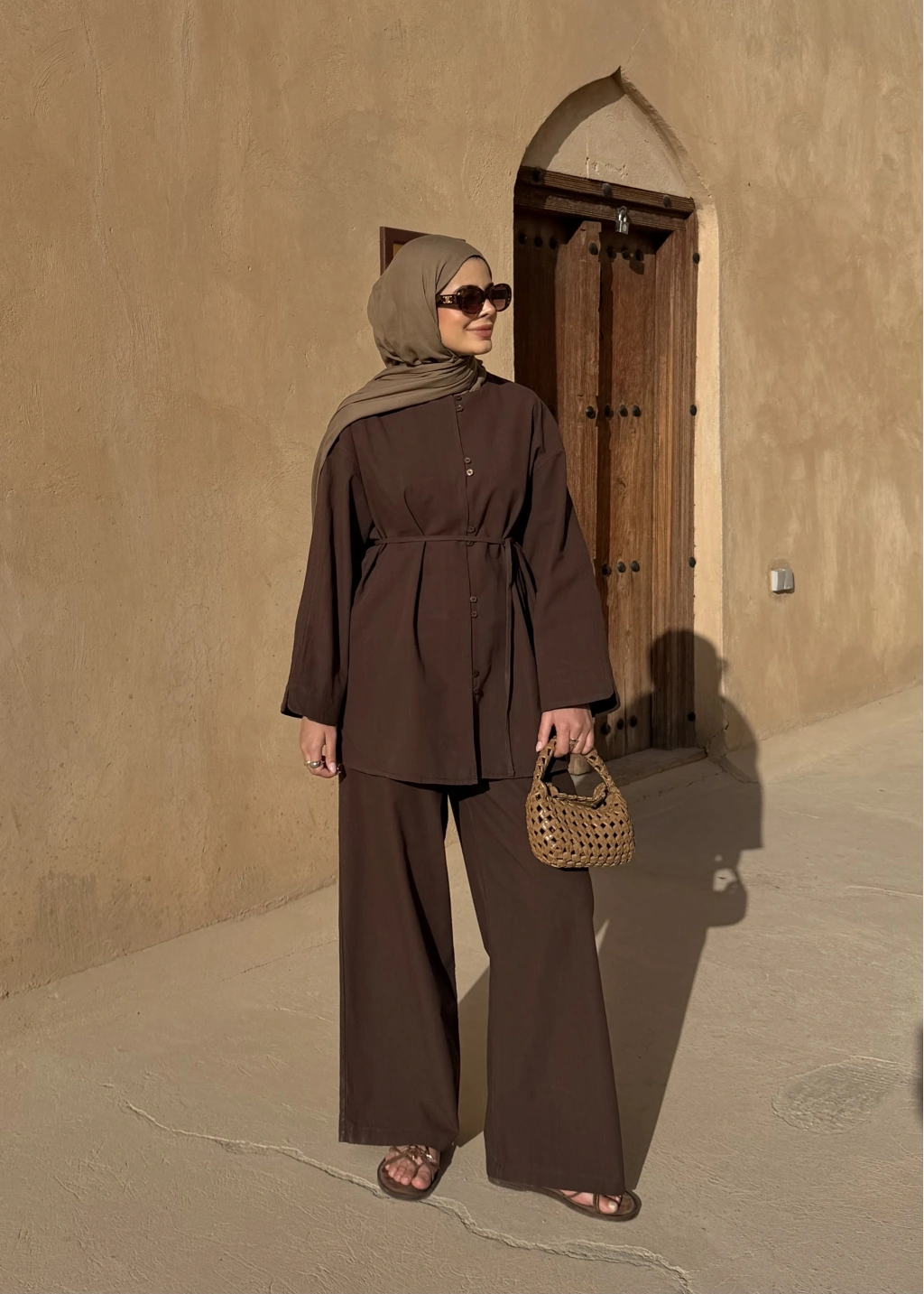 Mocha Button Detail Linen Set – Adjustable Waist