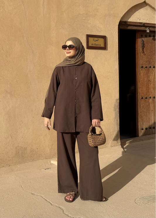 Mocha Button Detail Linen Set – Adjustable Waist