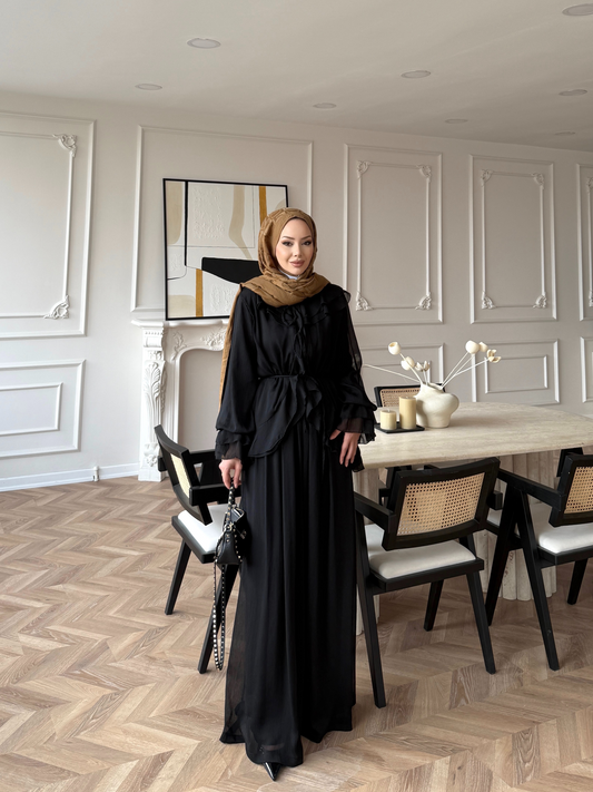 Ghalia Chiffon Two-Piece Set with Trousers – black