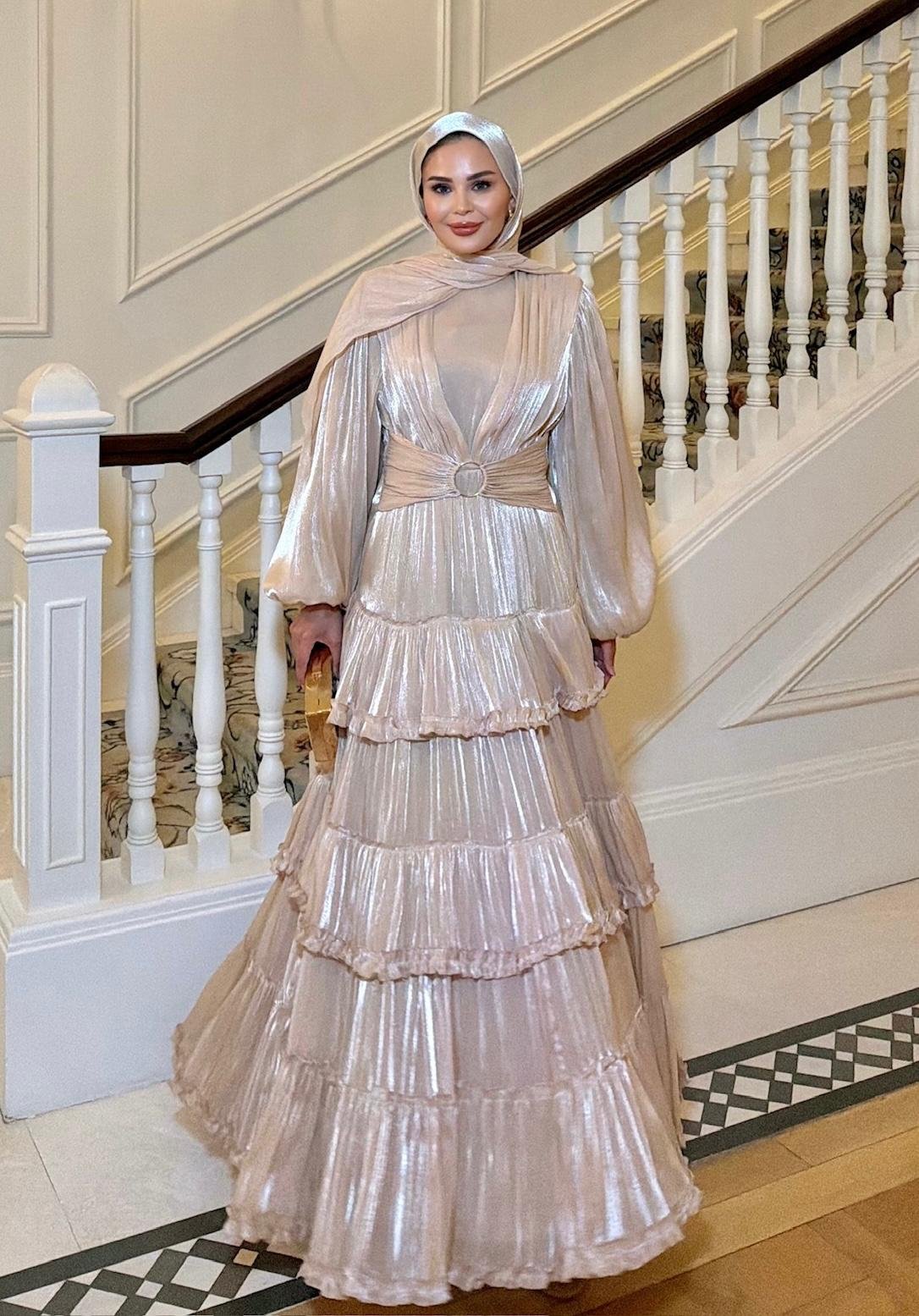 Firuza Shimmer Chiffon Maxi Dress – Beige