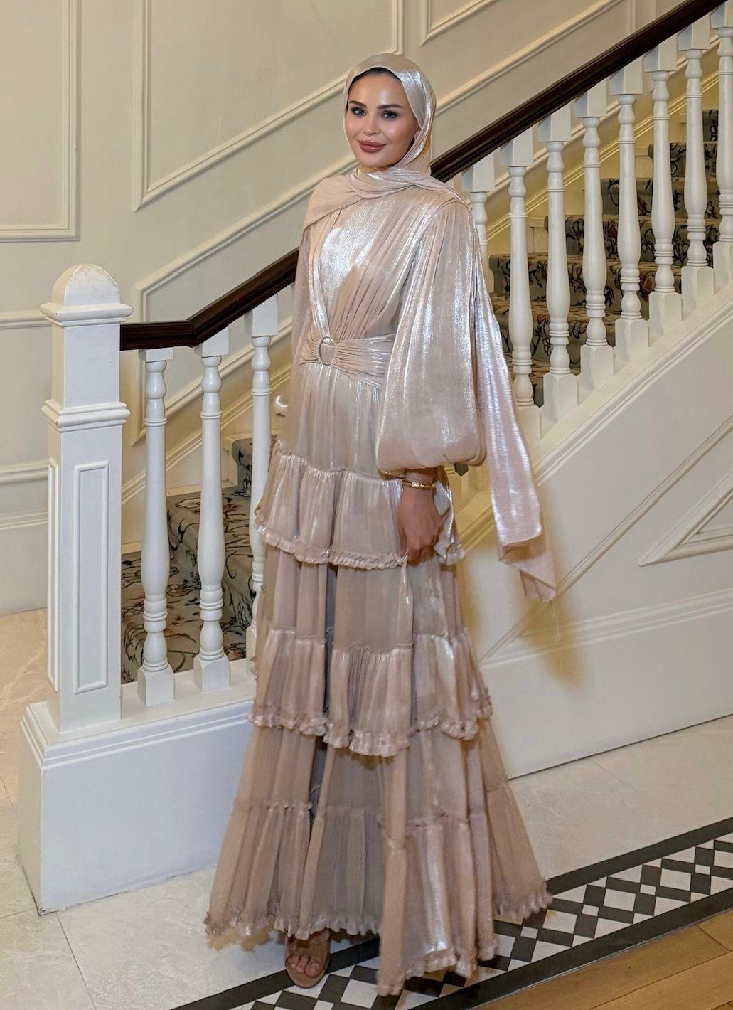 Firuza Shimmer Chiffon Maxi Dress – Beige